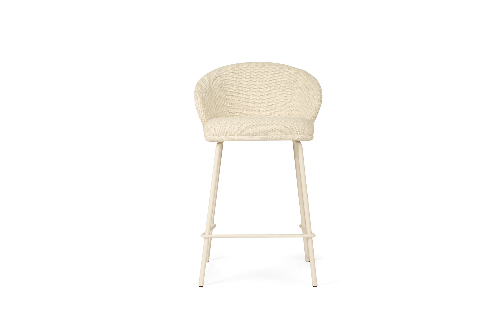 Bellevue Counter Stool with padded Natural fabric seat and back, slim white powder-coated steel frame, modern elegant design. Front perspective.