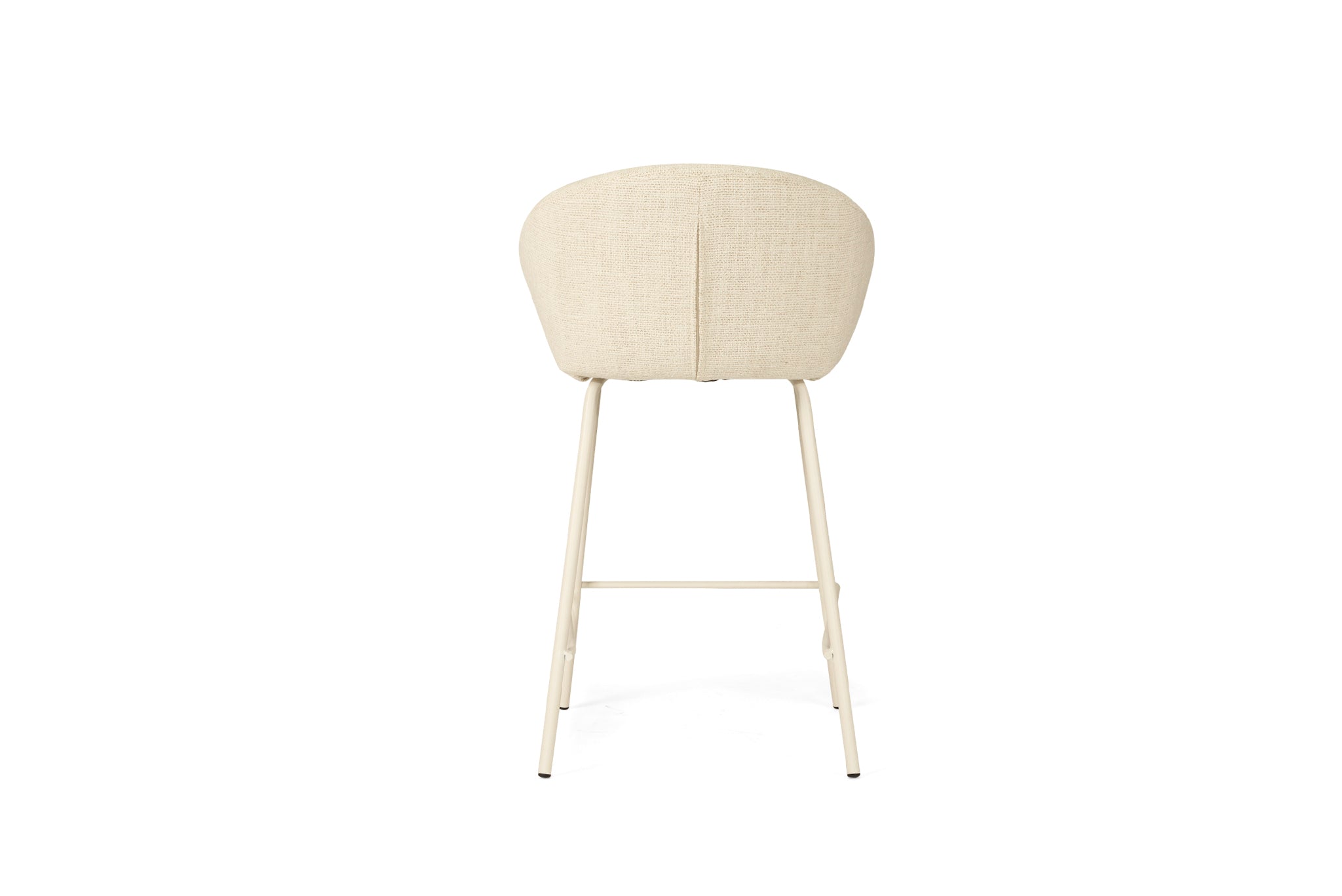 Bellevue Counter Stool with padded Natural fabric seat and back, slim white powder-coated steel frame, modern elegant design. Back perspective.
