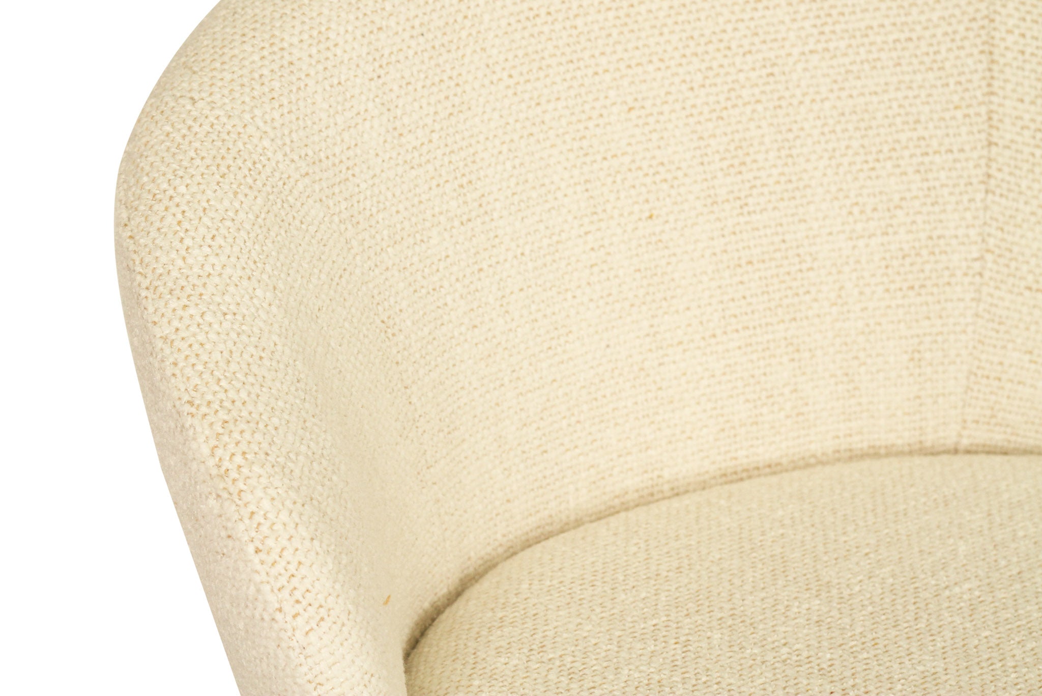 Bellevue Counter Stool with padded Natural fabric seat and back, slim white powder-coated steel frame, modern elegant design. Backrest perspective.