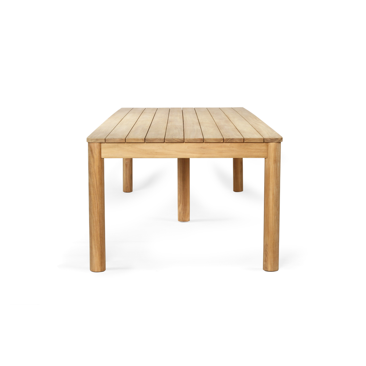 Noosa 3.2m teak outdoor dining table showing the slatted tabletop from the end
