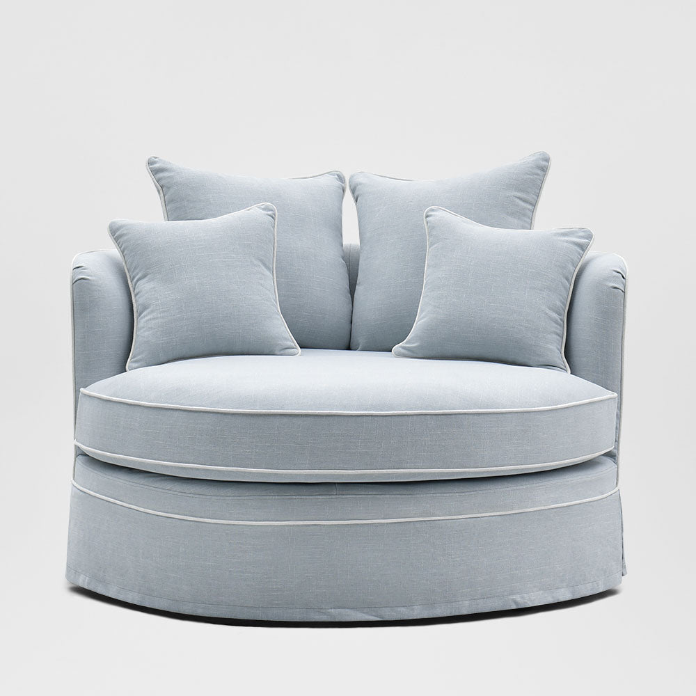 Noosa snuggle occasional chair in Beach with White Piping, front view