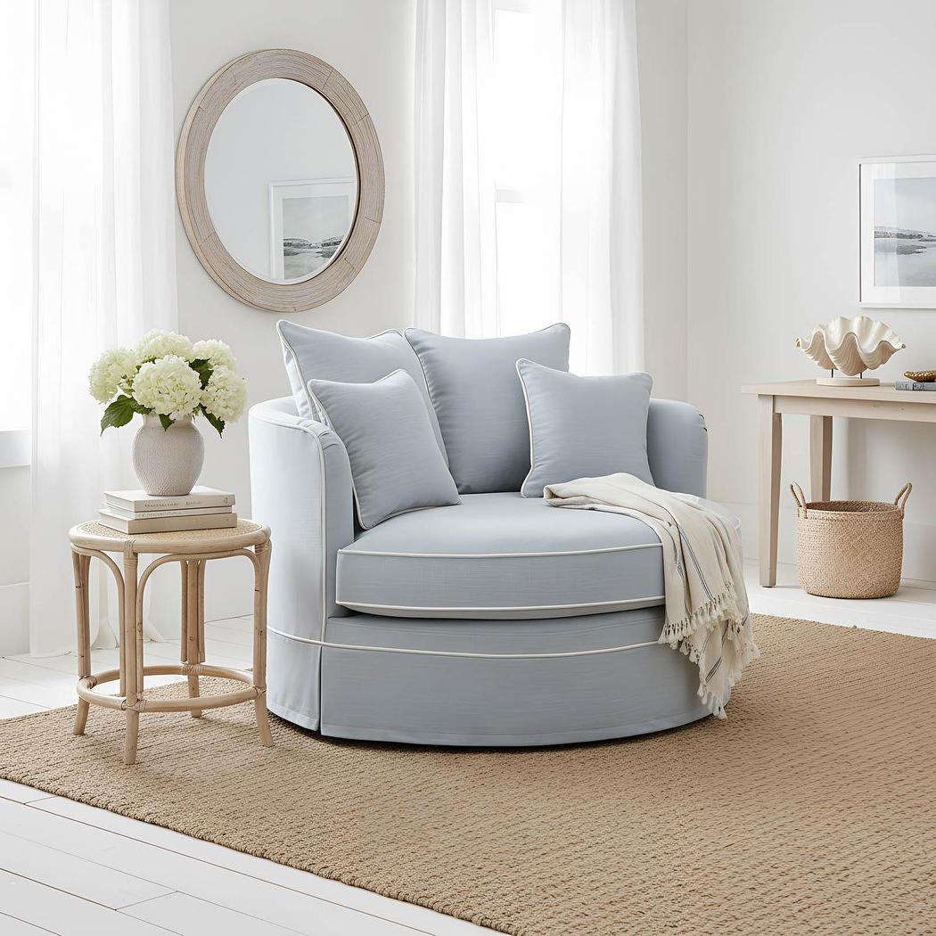 Noosa snuggle occasional chair in Beach with White Piping, styled with cushions and a side table in a living room