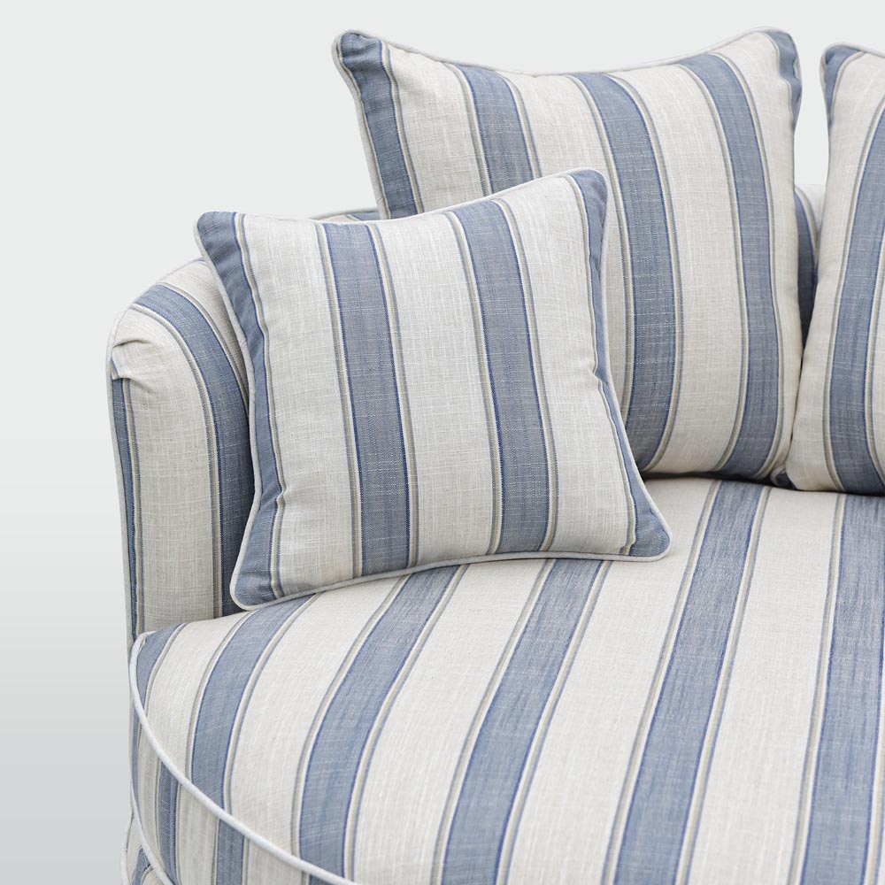 Noosa snuggle occasional chair in Blue Sky Stripe, cushion detail