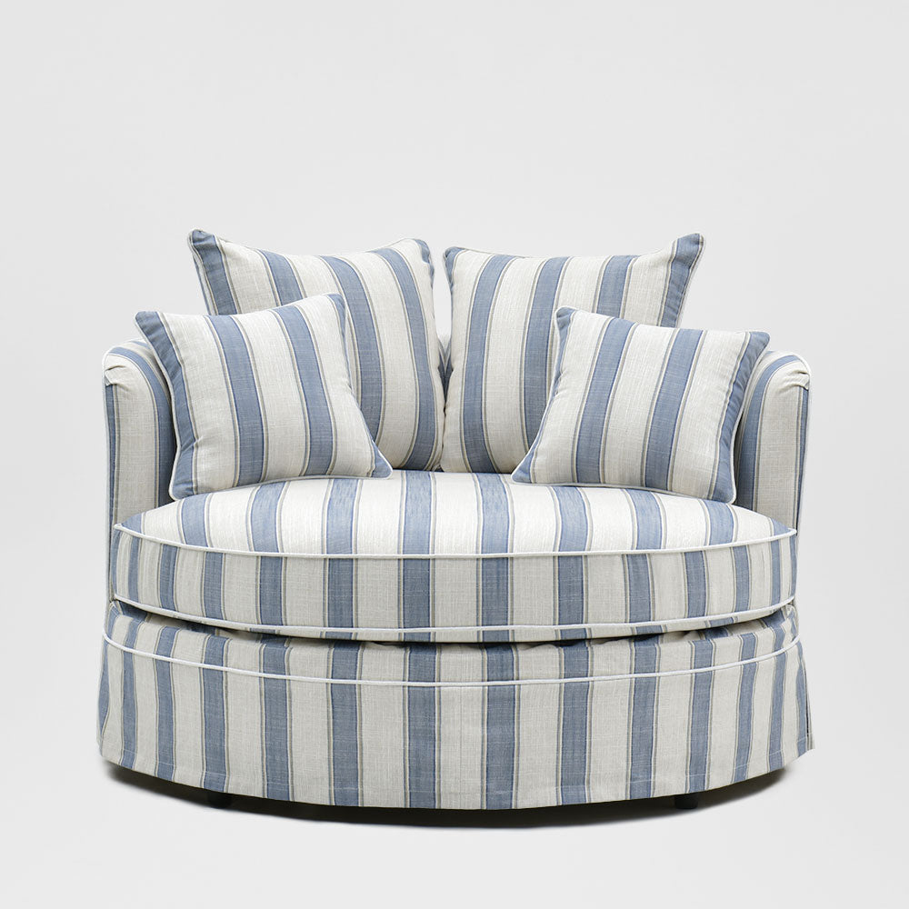 Noosa snuggle occasional chair in Blue Sky Stripe, front view