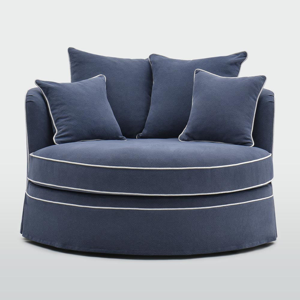 Noosa snuggle occasional chair in Navy with White Piping, front view