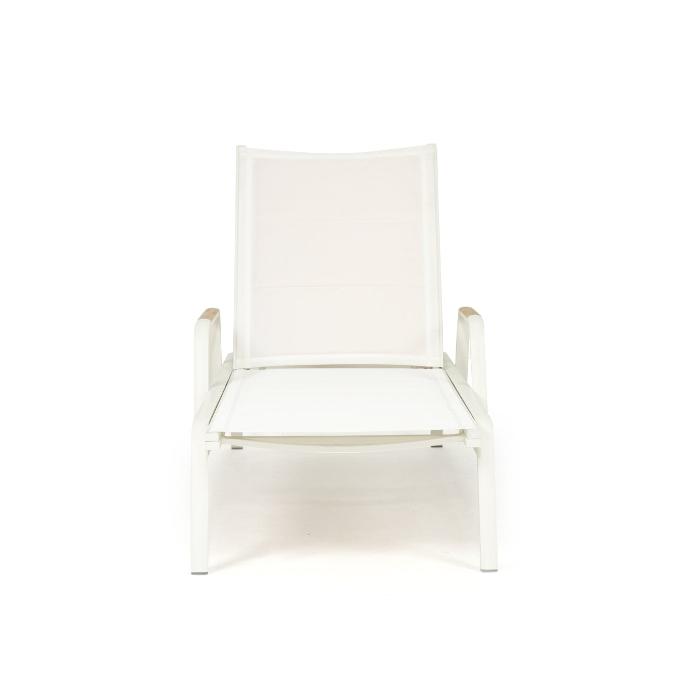 Noosa Outdoor Sun Lounger in pearl white aluminium with padded sling and teak armrests - upright position