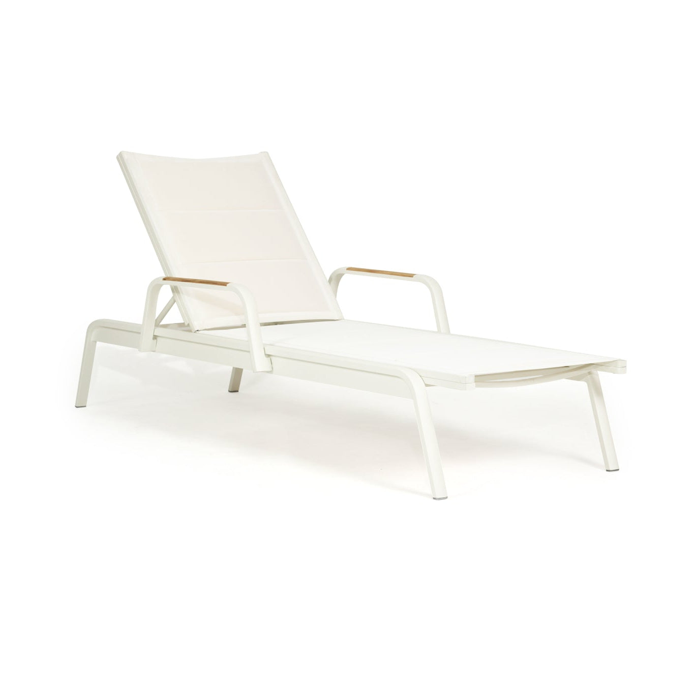 Noosa Outdoor Sun Lounger in pearl white aluminium with padded sling and teak armrests