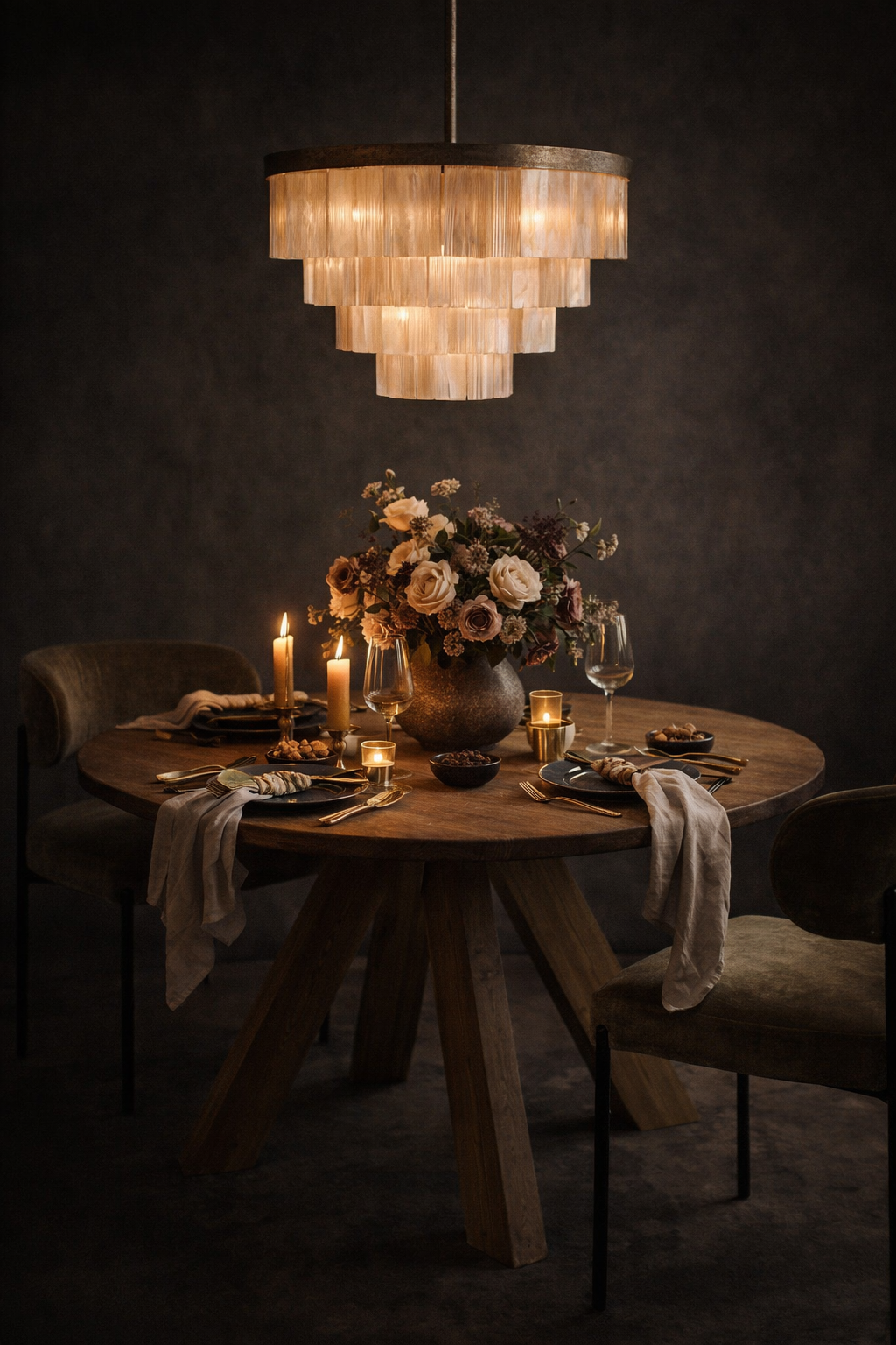 Dining table set with candles, flowers, and wine glasses under a chandelier in a dimly lit room.