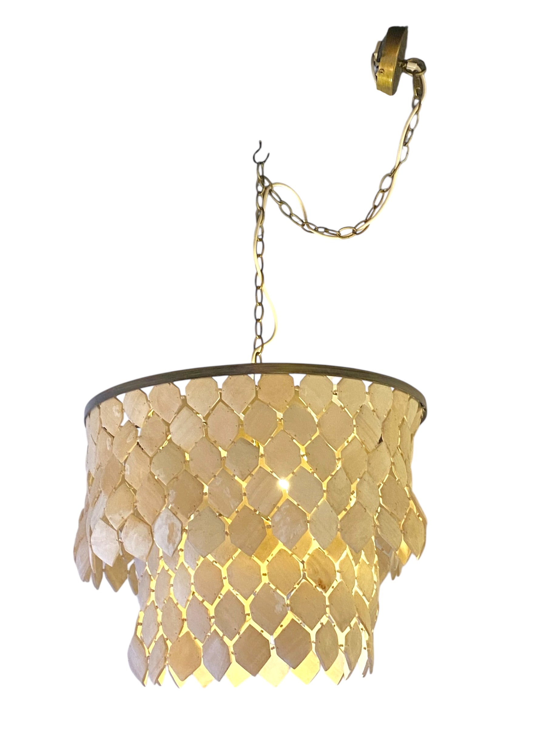 Piatos Hanging Lamp made from natural coconut shell with brass frame, handcrafted sustainable lighting. Showing cable.