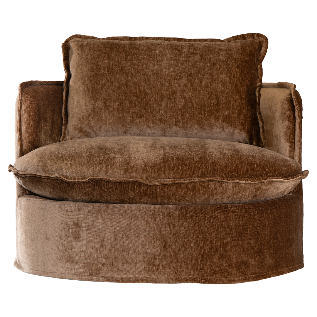 Bronze Sabora Swivel Chair featuring deep cushioning, rounded arms and swivel functionality.