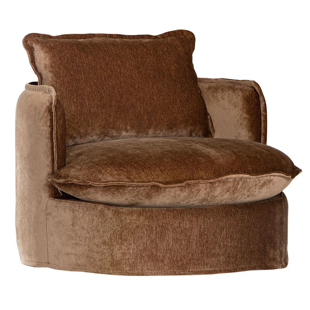 Sabora Swivel Chair by Uniqwa Collections in bronze upholstery with curved silhouette and swivel base.