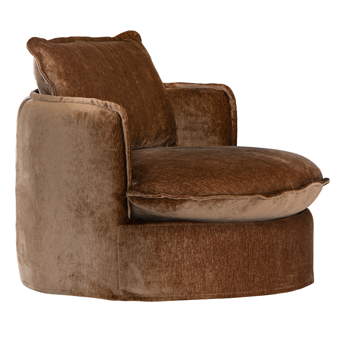 Bronze Sabora Swivel Chair featuring deep cushioning, rounded arms and swivel functionality. Side angle view.