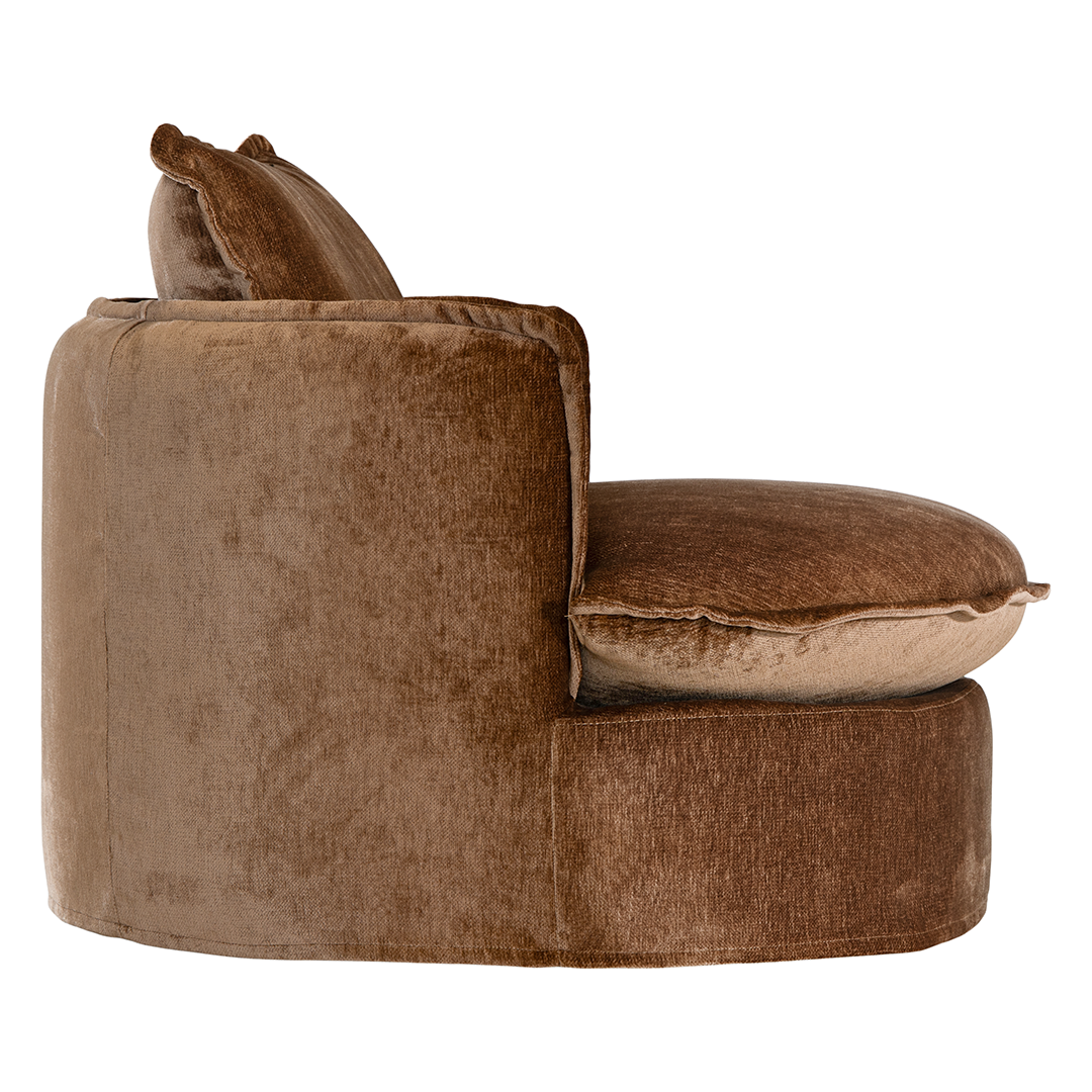 Bronze Sabora Swivel Chair featuring deep cushioning, rounded arms and swivel functionality. Side view.