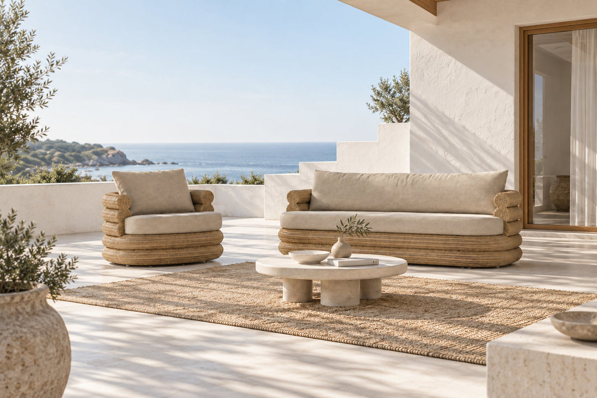 Satori outdoor swivel chair and matching sofa in a coastal terrace setting