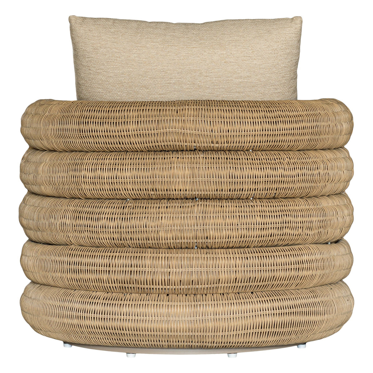 Satori outdoor swivel chair, rear view showing the layered woven back