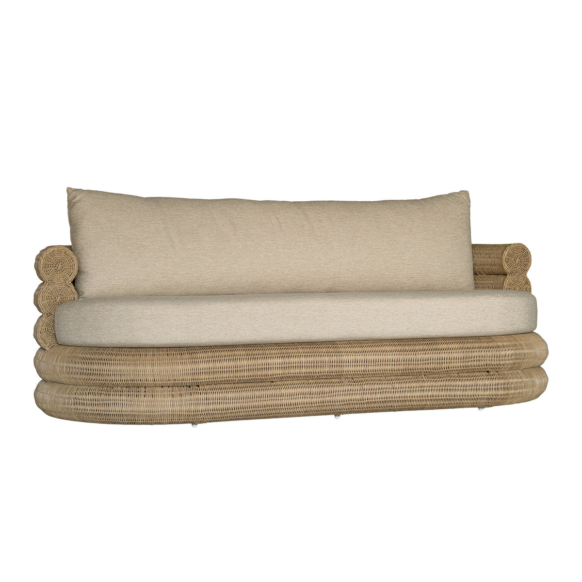 Satori outdoor three seater sofa in Natural with layered polyrattan weave and neutral cushions, angled front view
