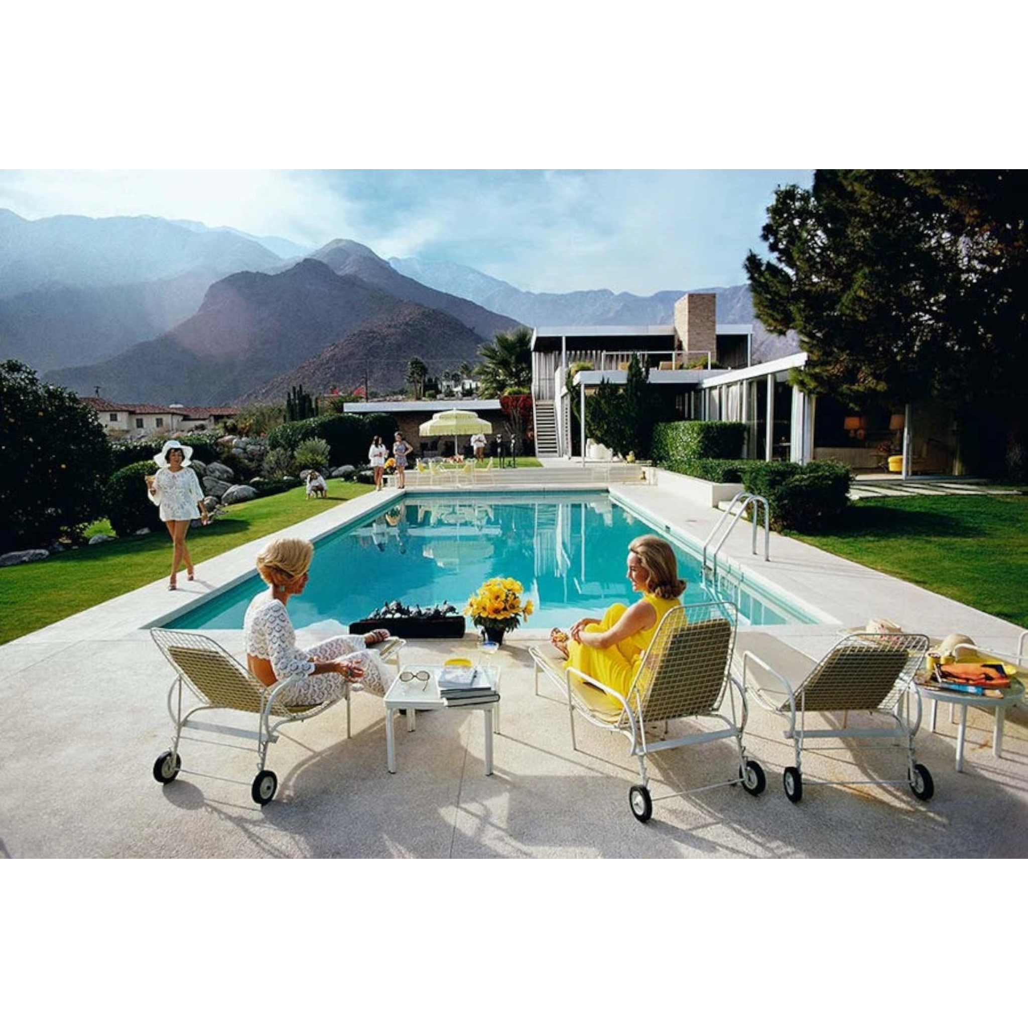 Slim Aarons Poolside Gossip photographic print, iconic Palm Springs 1970 image featuring Lita Baron, Nelda Linsk, and Helen Dzo Dzo, premium artwork. Unframed.