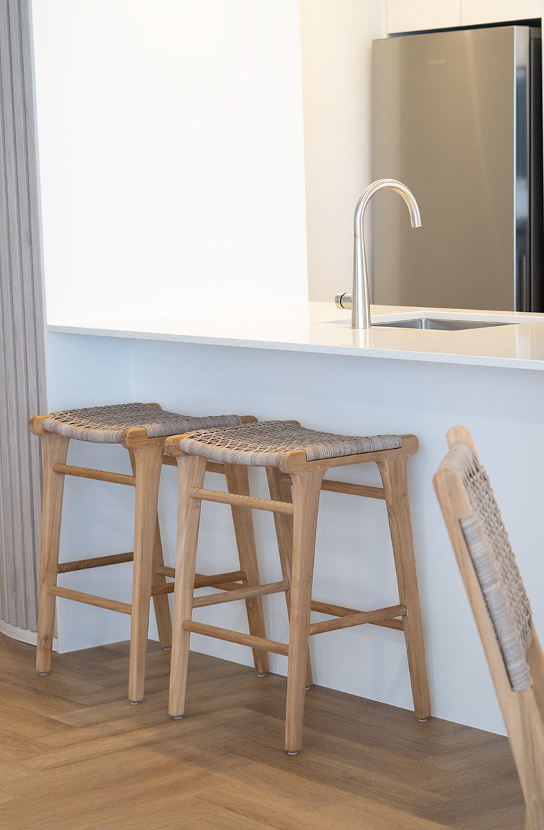 Stradbroke Backless Counter Stool made from solid Teak with woven Viro outdoor cord seat, minimalist design for indoor or outdoor use. Styled beautifully in this coastal home. 1