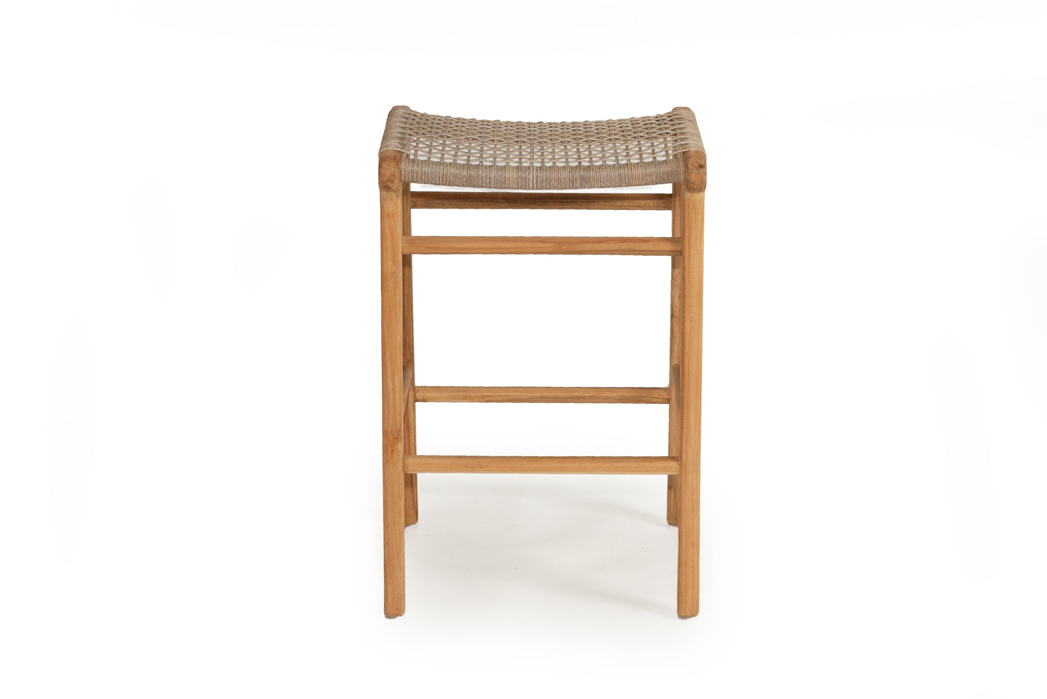 Stradbroke Backless Counter Stool made from solid Teak with woven Viro outdoor cord seat, minimalist design for indoor or outdoor use 2