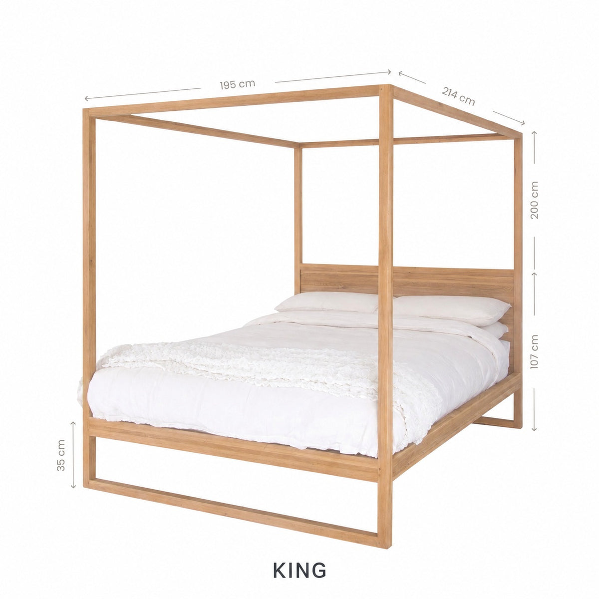 Strand four-poster bed King size labelled dimension diagram showing 195cm width, 214cm depth and 200cm height