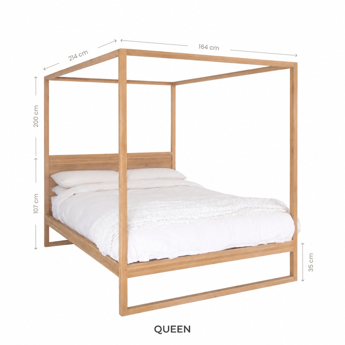 Strand four-poster bed Queen size labelled dimension diagram showing 164cm width, 214cm depth and 200cm height