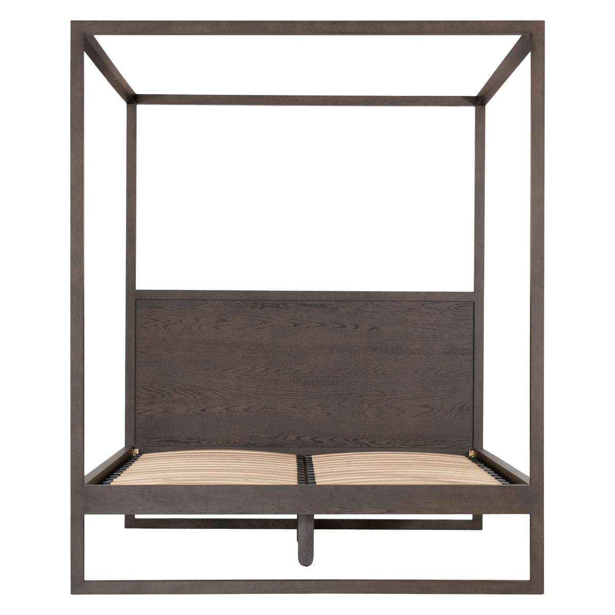 Front view of the Walnut Strand four-poster bed frame with posture slats, without a mattress or bedding