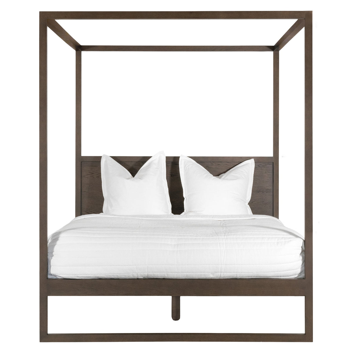 Front view of the Strand four-poster bed with walnut-coloured lacquer finish