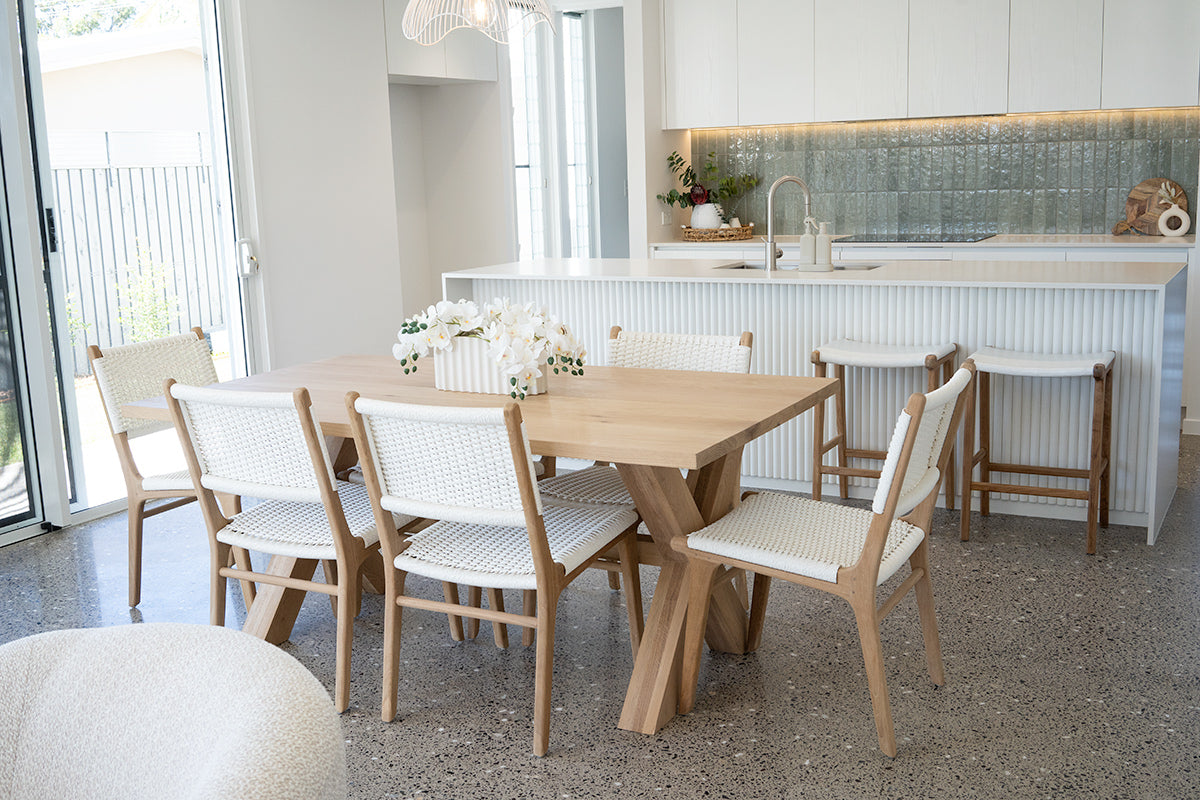 Surfer Dining Table made from premium A-Grade American Oak with a natural raw finish, perfect for elegant Sunday meals with family. Styled in this beautiful coastal home 4