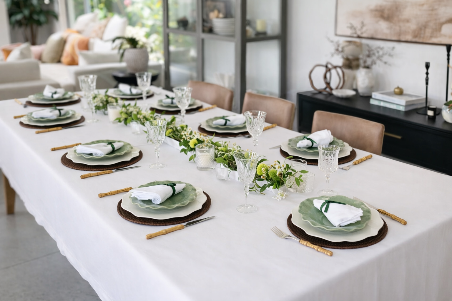 Espresso rattan placemats styled on a crisp white linen table cloth with plates and glasses – Magnolia Lane dining table styling