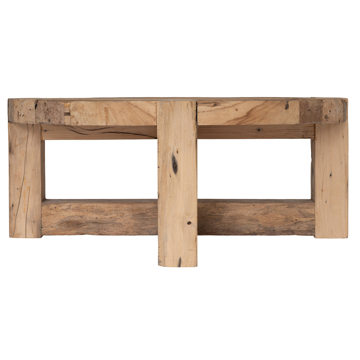 Bleached reclaimed timber finish showing organic grain patterns and tonal variation on round coffee table