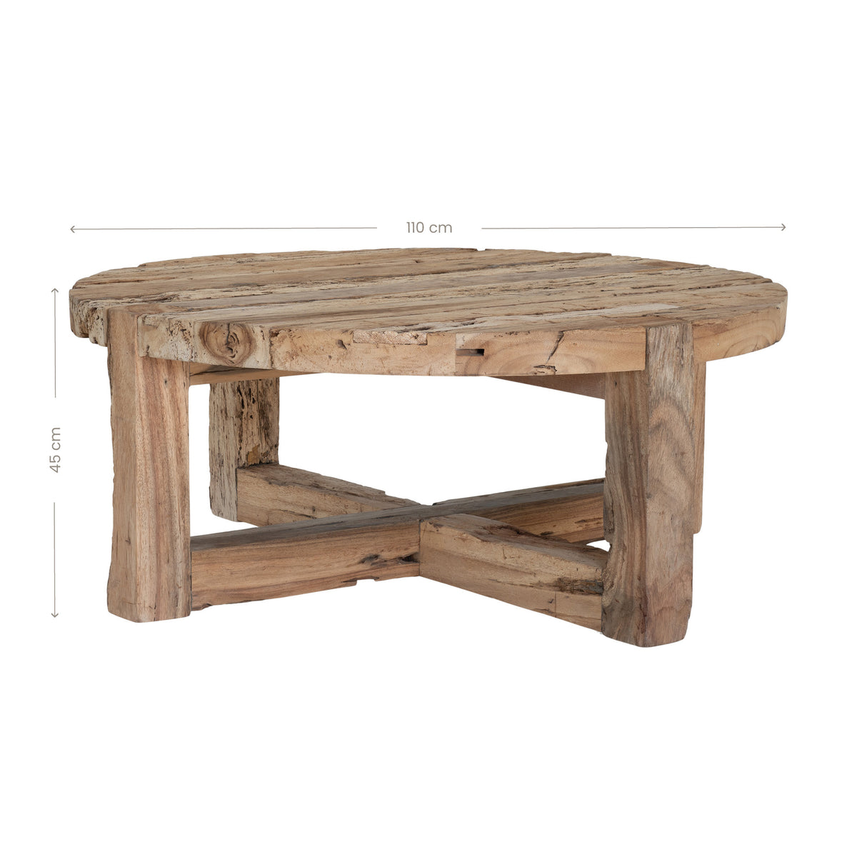 Tembisa round coffee table in reclaimed timber with bleached finish, organic texture and rustic coastal style – with dimensions
