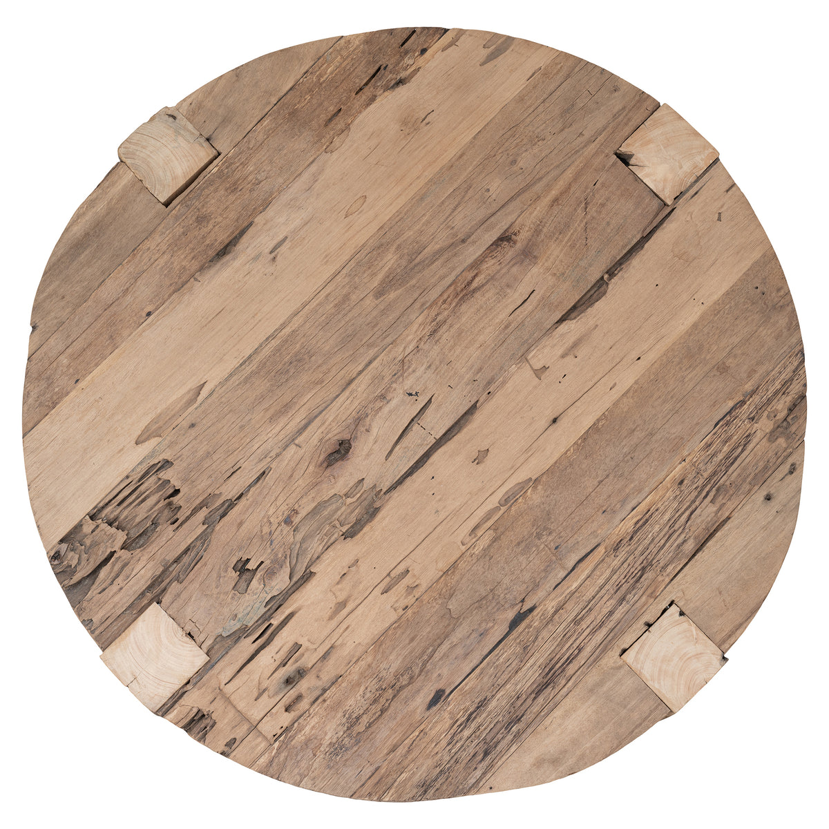 Detail of reclaimed timber surface with nail holes, splits and natural markings unique to each coffee table