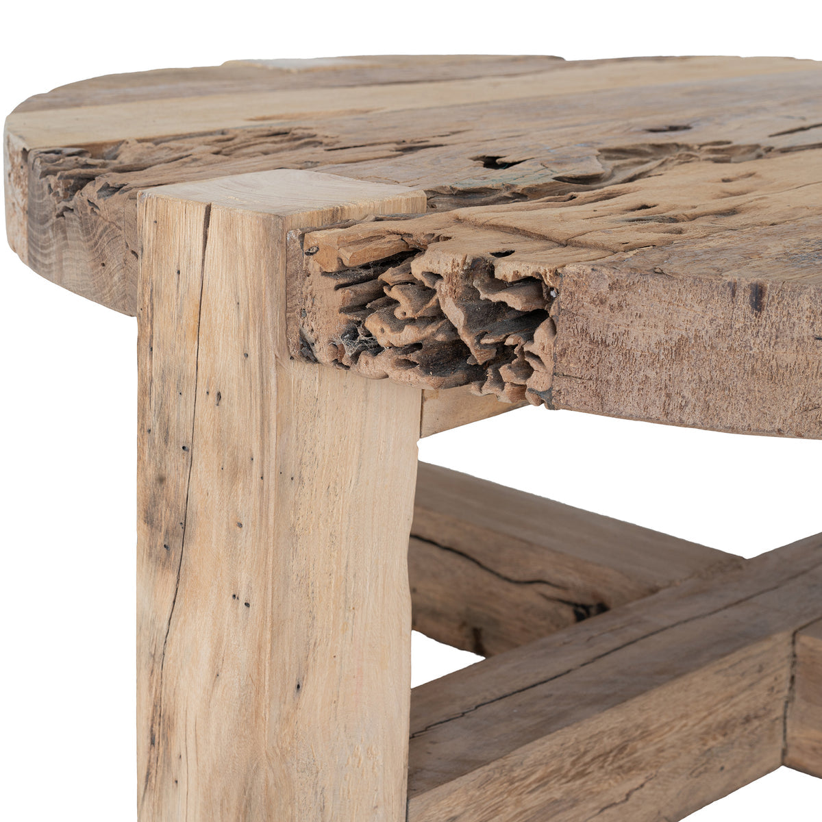 Close-up of solid reclaimed timber legs on Tembisa coffee table showing natural grain and sturdy construction 1