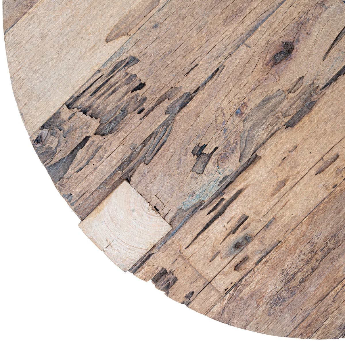 Close-up of reclaimed railway timber showing natural cracks, knots and organic texture on Tembisa coffee table