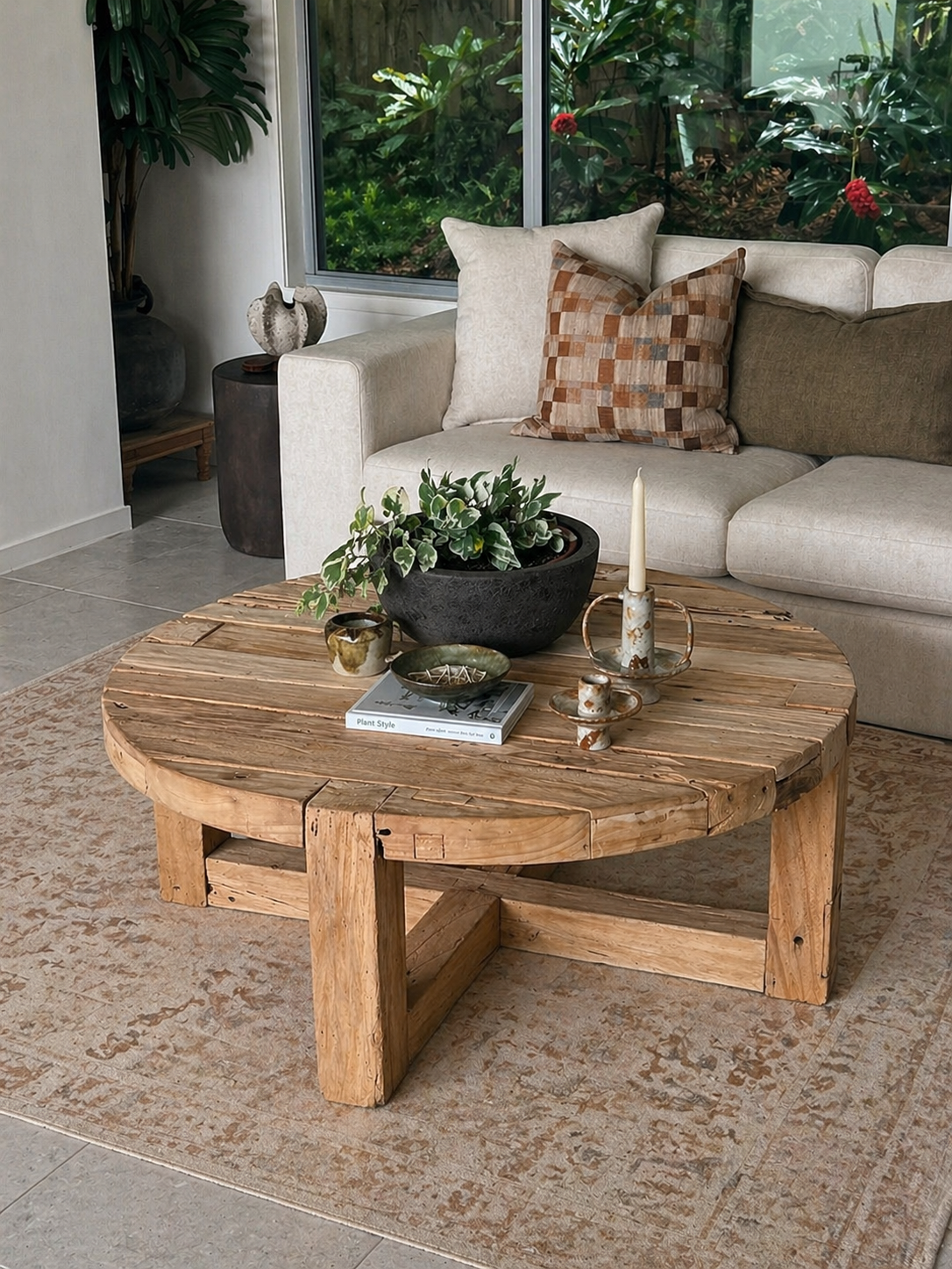 Tembisa reclaimed timber coffee table styled in a coastal organic living room with linen sofa, neutral tones and natural textures