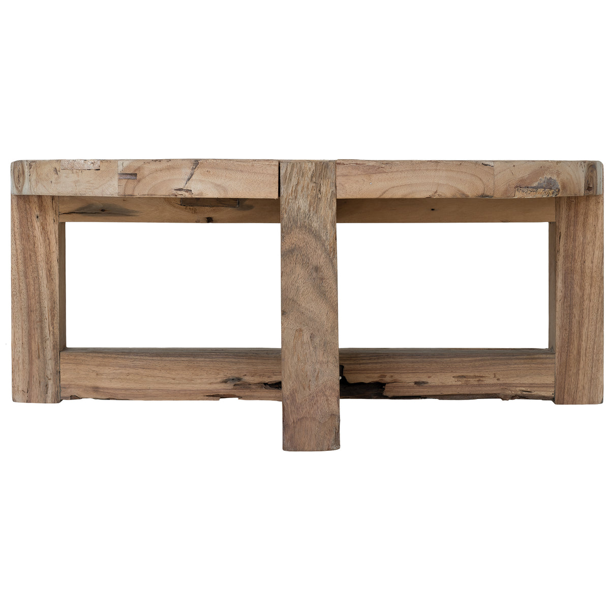 Reclaimed timber coffee table showing natural variation in tone from light to darker bleached wood finishes