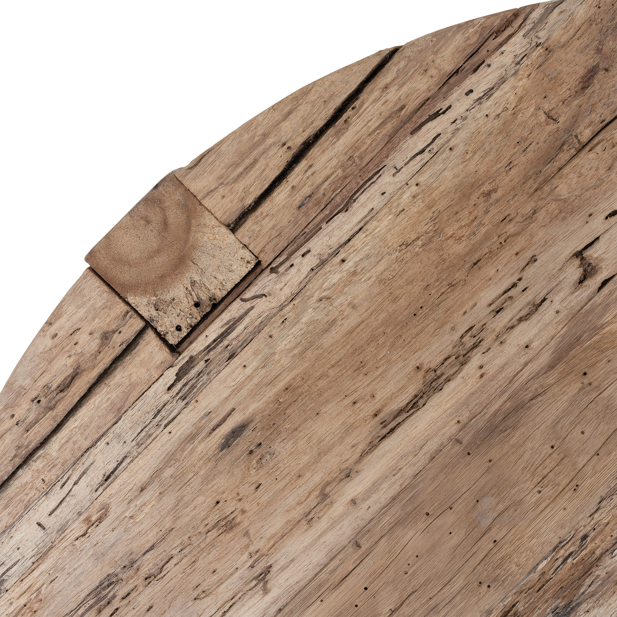 Close up detail of reclaimed timber surface with nail holes, splits and natural markings unique to each coffee table