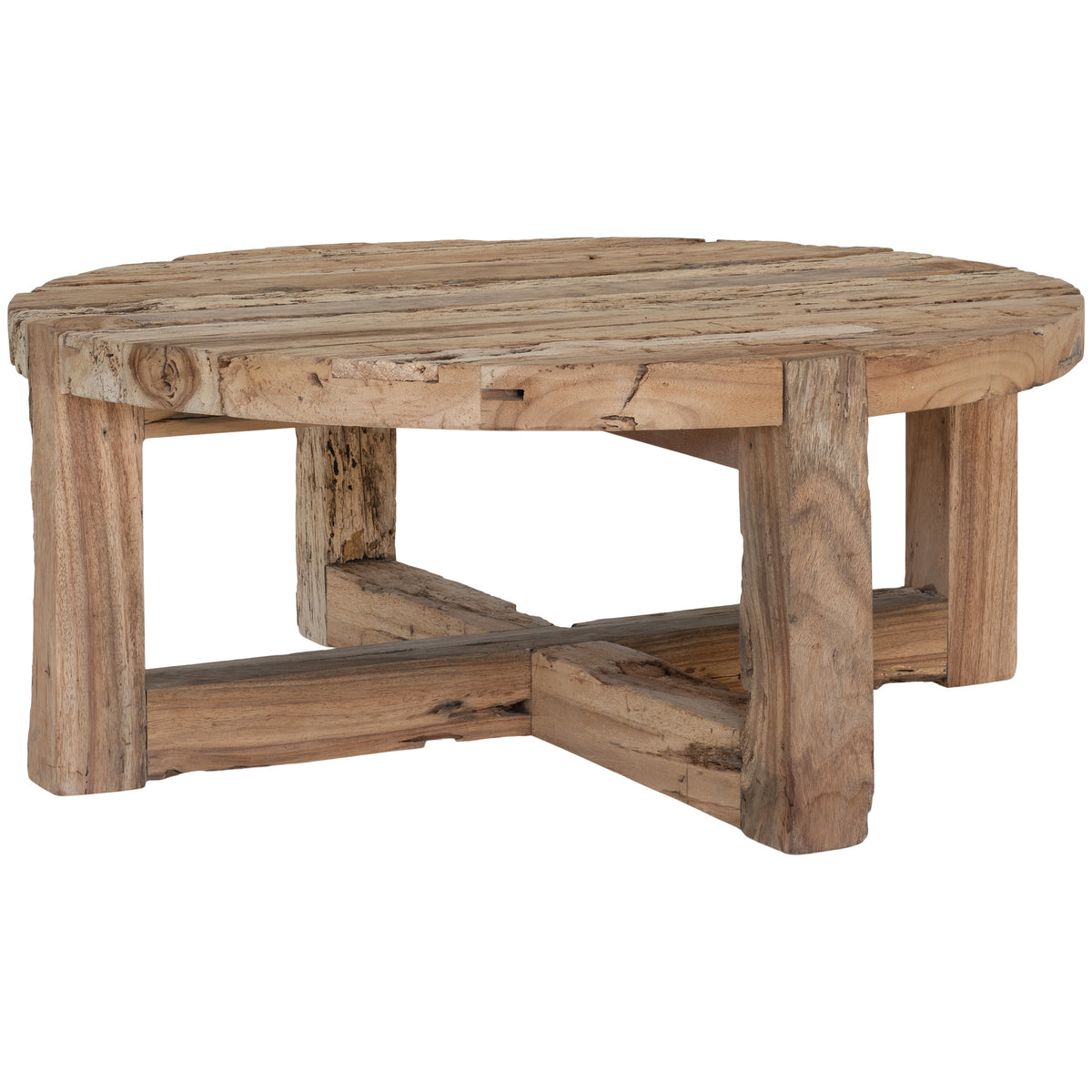 Tembisa round coffee table in reclaimed timber with bleached finish, organic texture and rustic coastal style – front view