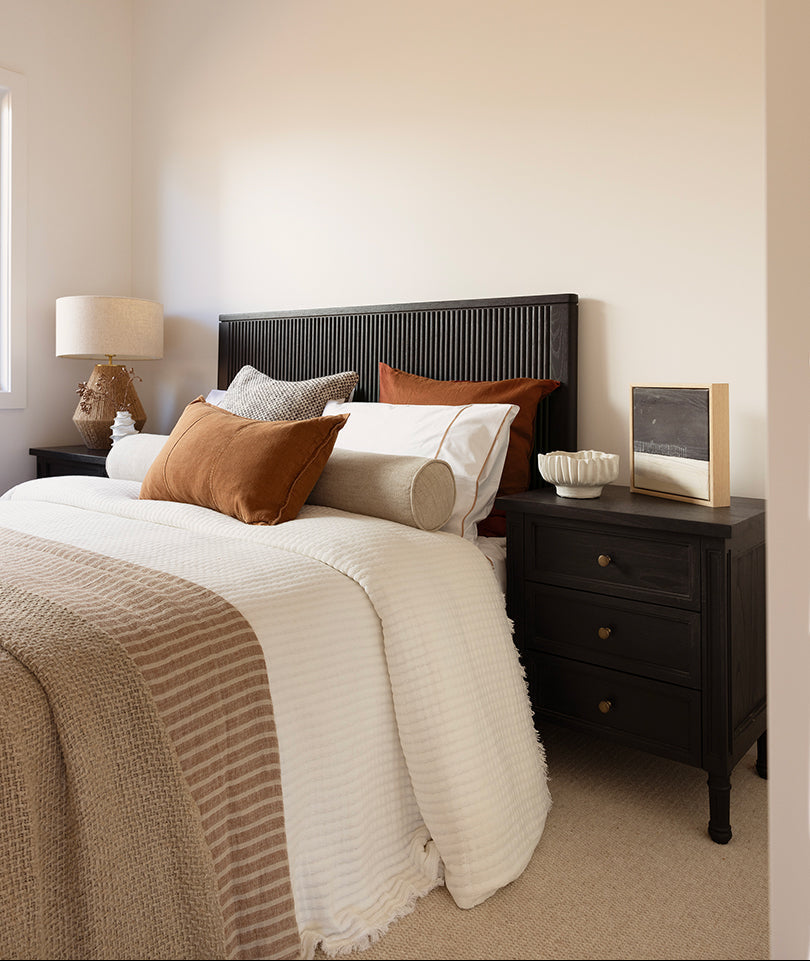 Grange Bedhead in black oak veneer, modern bedroom furniture with elegant and durable design. Modern design.