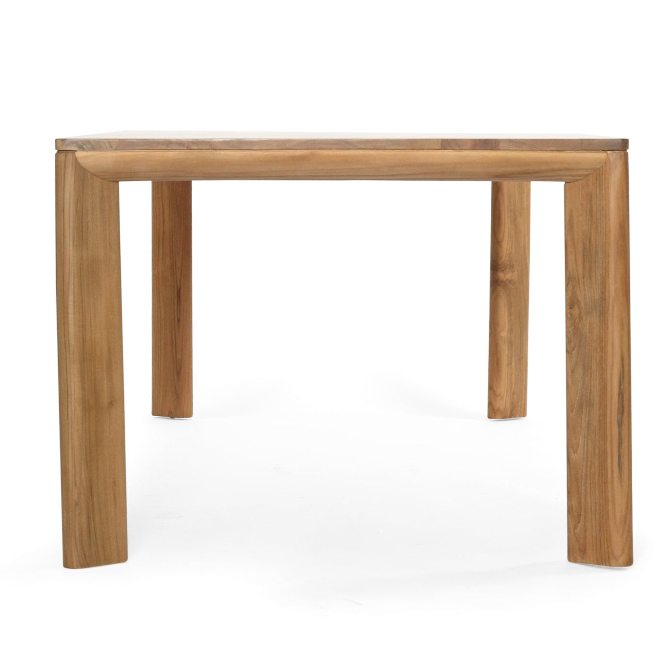 Large solid teak dining table with minimalist contemporary profile-table end view