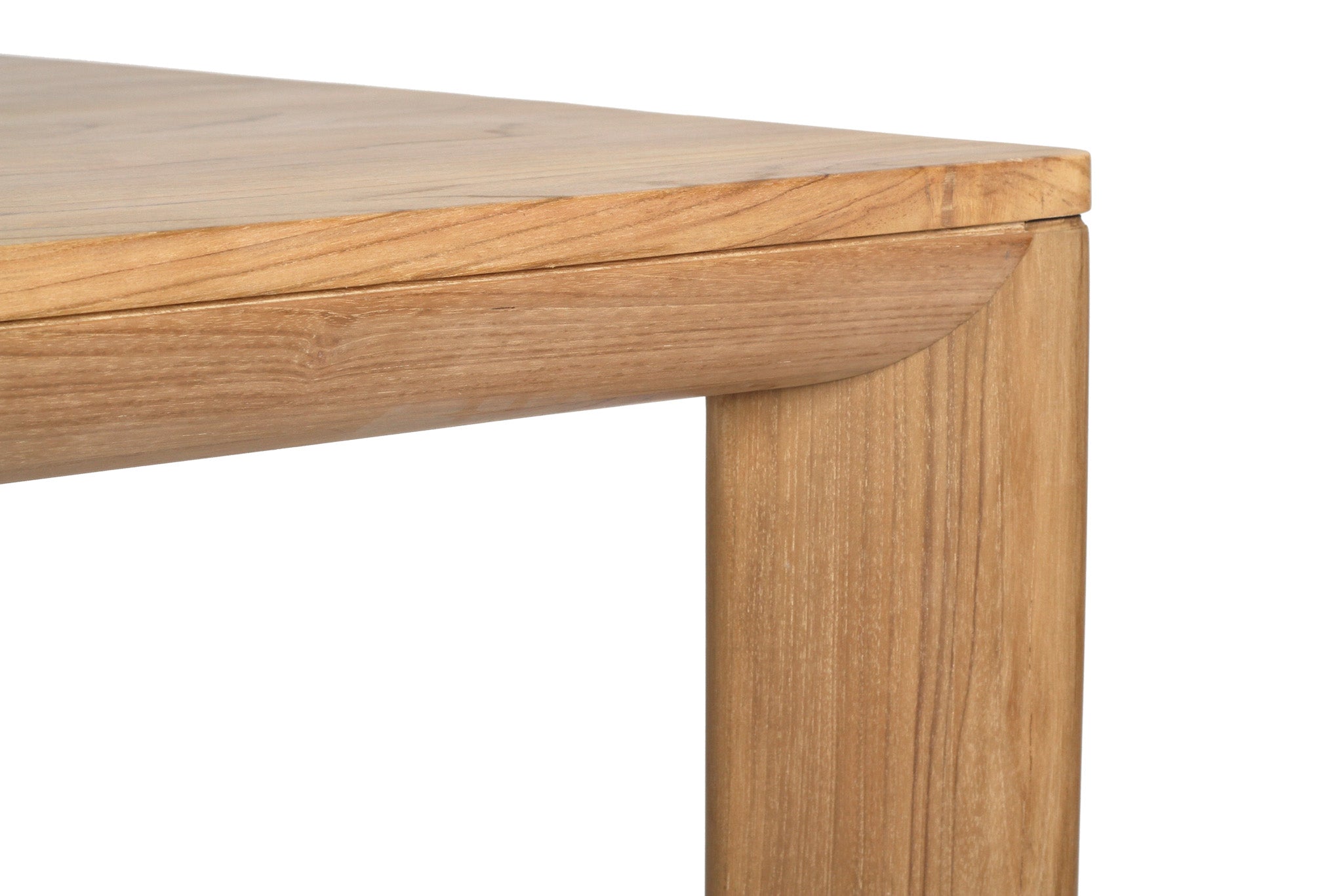 Great Teak Dining Table in A-grade teak with a natural brushed finish, offering exceptional durability and timeless elegance—also available in American Oak. Top corner view