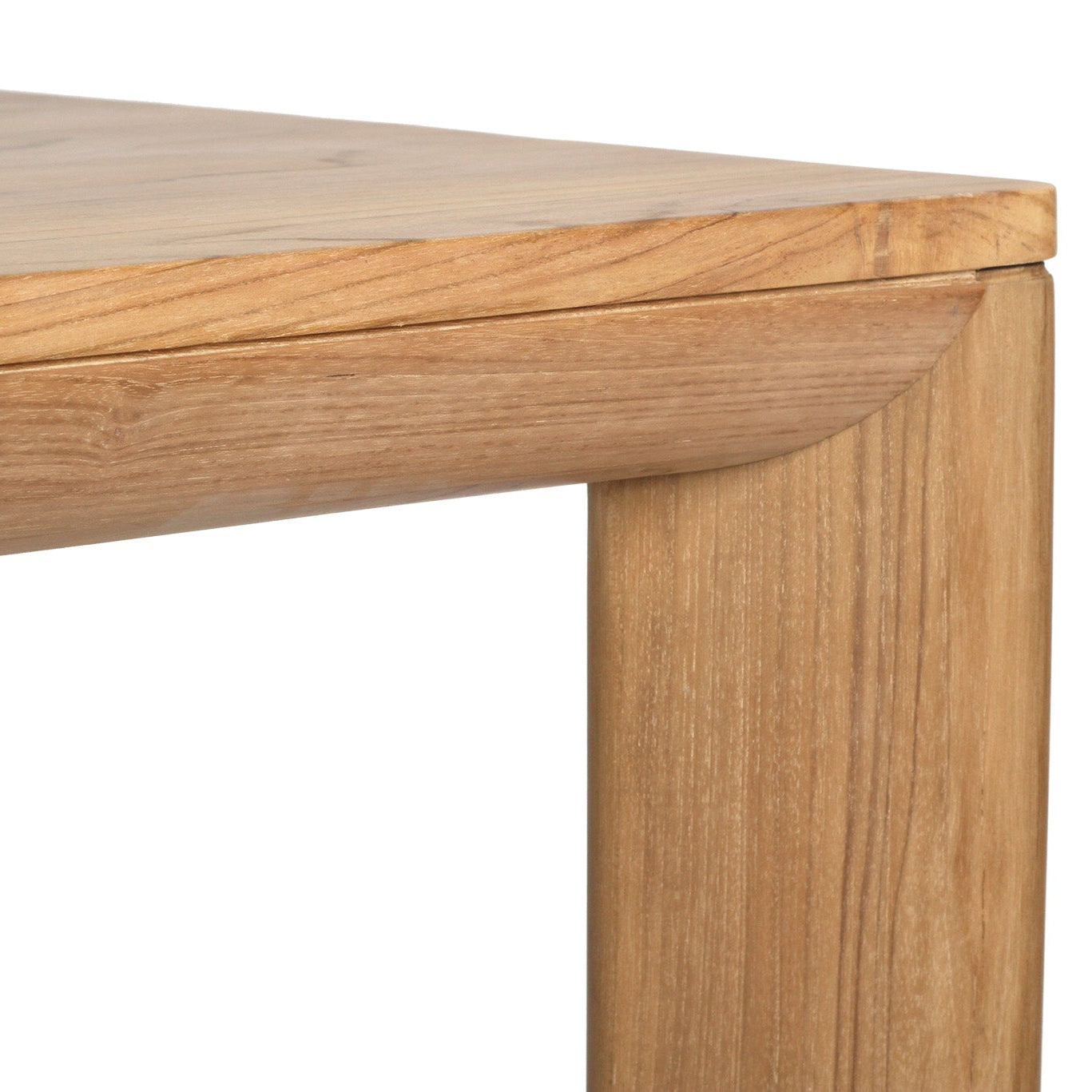 Solid teak leg detail on The Great Dining Table with matte natural finish-leg view