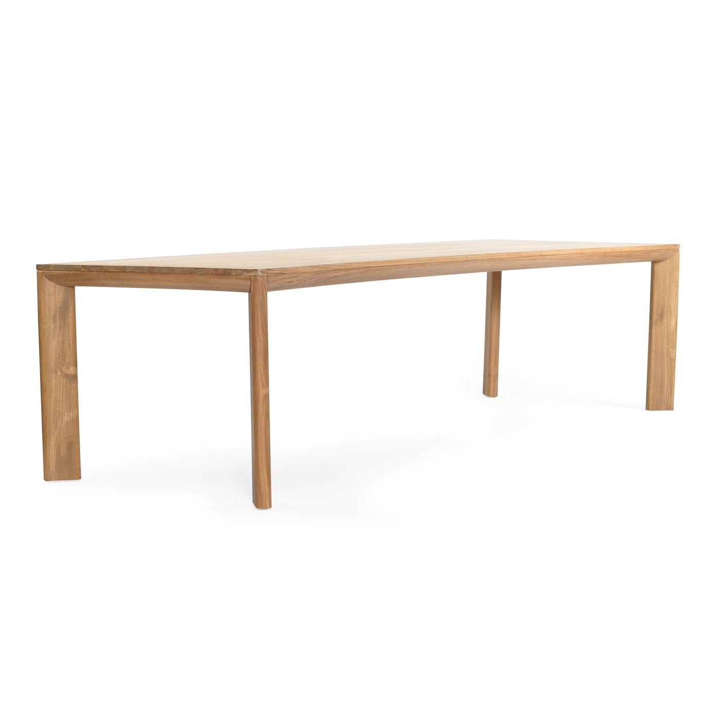 Large solid teak dining table with minimalist contemporary profile-side perspective