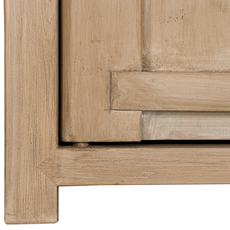 Bulu Bedside Table with left-hand door, handcrafted from reclaimed timber with natural weathered texture and carved details, coastal organic furniture with timeless character. Close up 4.