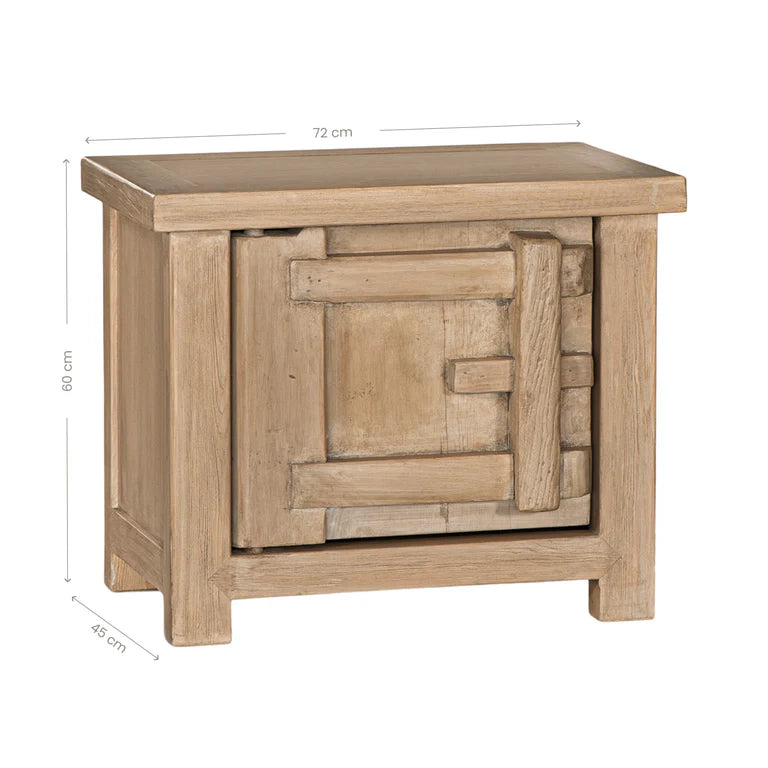 Bulu Bedside Table with left-hand door, handcrafted from reclaimed timber with natural weathered texture and carved details, coastal organic furniture with timeless character. With dimensions.
