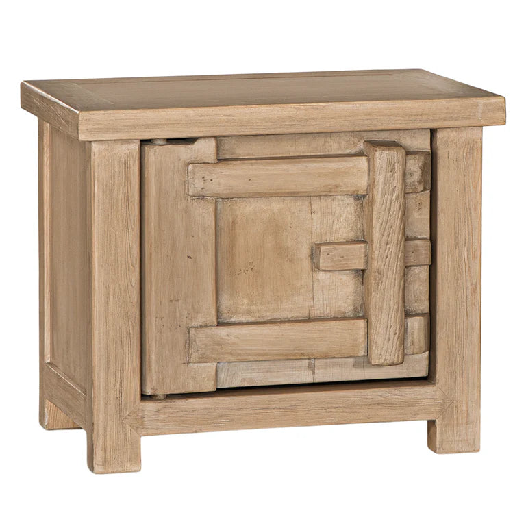 Bulu Bedside Table with left-hand door, handcrafted from reclaimed timber with natural weathered texture and carved details, coastal organic furniture with timeless character. Left hand perspective.