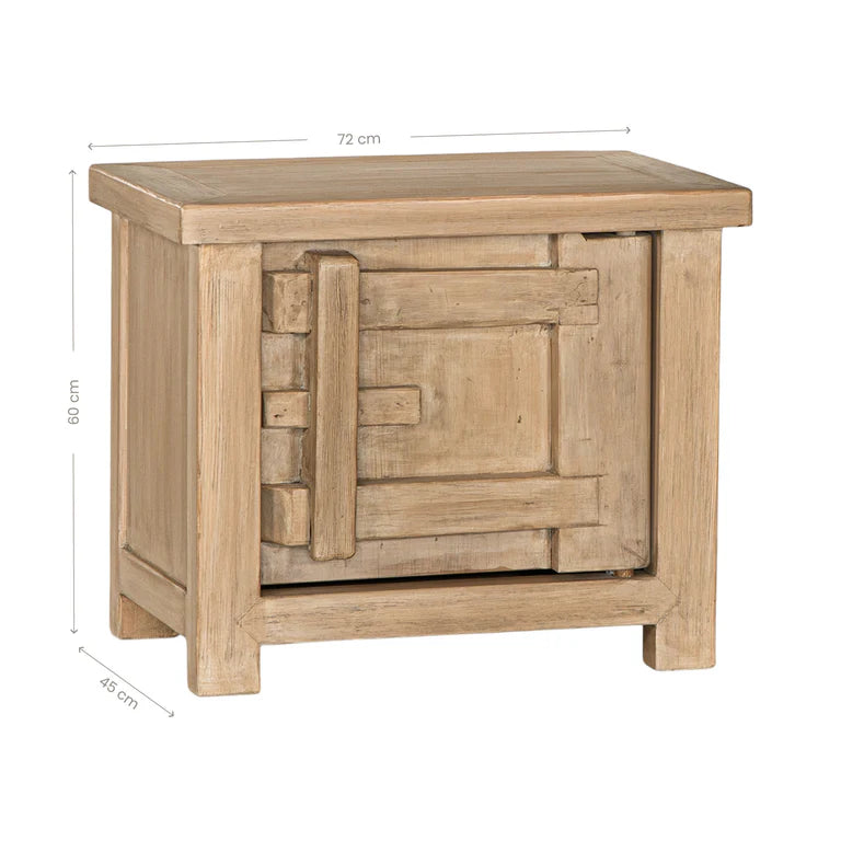 Bulu Bedside Table with right-hand door, handcrafted from reclaimed timber with natural weathered texture and carved details, coastal organic furniture with timeless character. With dimensions.