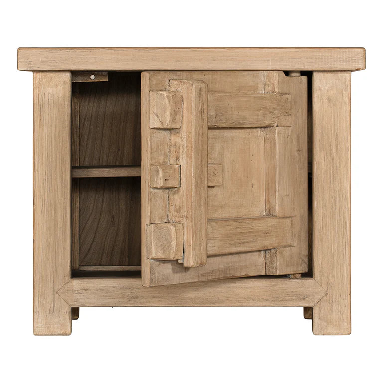 Bulu Bedside Table with right-hand door, handcrafted from reclaimed timber with natural weathered texture and carved details, coastal organic furniture with timeless character. Door open view.