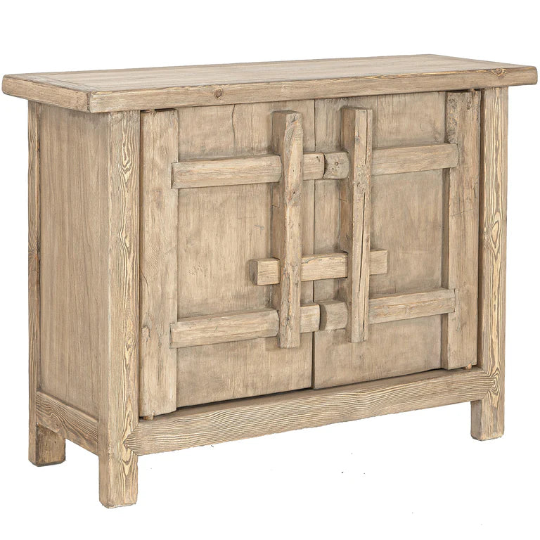 From the Bulu Collection the 2D storage cabinet is crafted from reclaimed vintage elm and pine with natural weathered details. Front angle perspective.