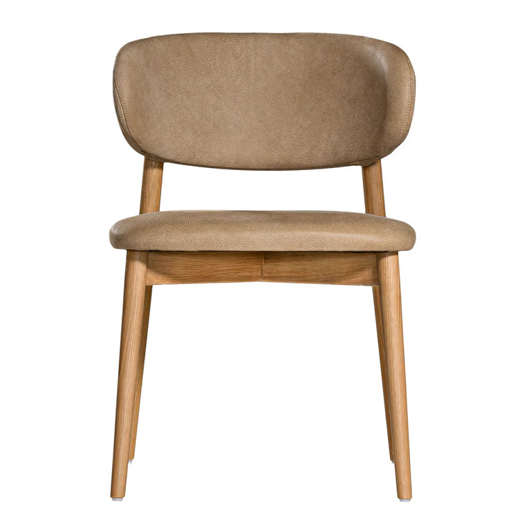 Capri Dining Chair in Enoki by Uniqwa – luxury modern style with buffalo leather upholstery and white oak frame, ideal for refined residential or commercial interiors. Front view